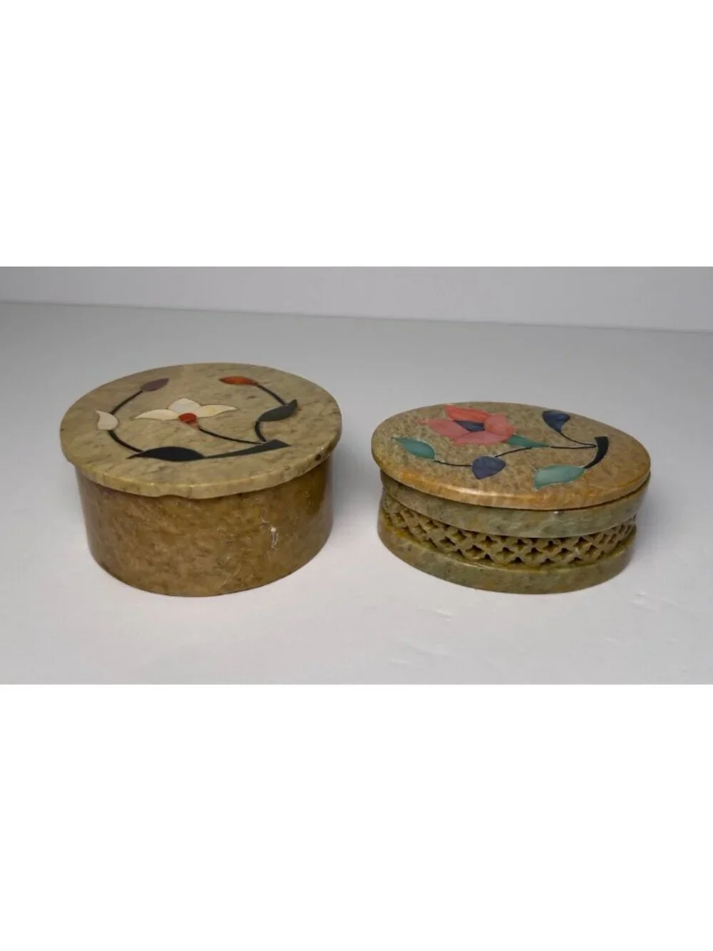 VTG Soapstone Floral Trinket Boxes Set Of 2 Handmade In India Pearl Collectible